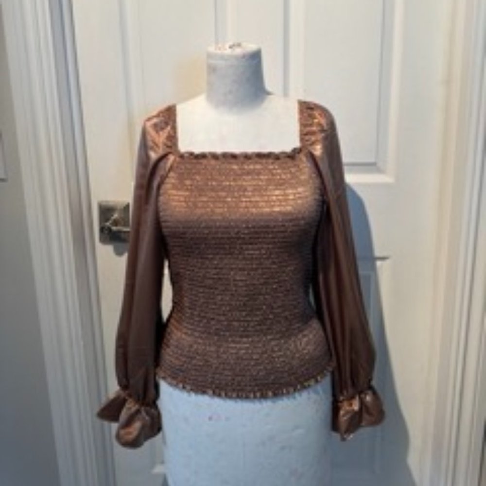 Taupe Satin Scrunch Top with Ruffle Sleeves